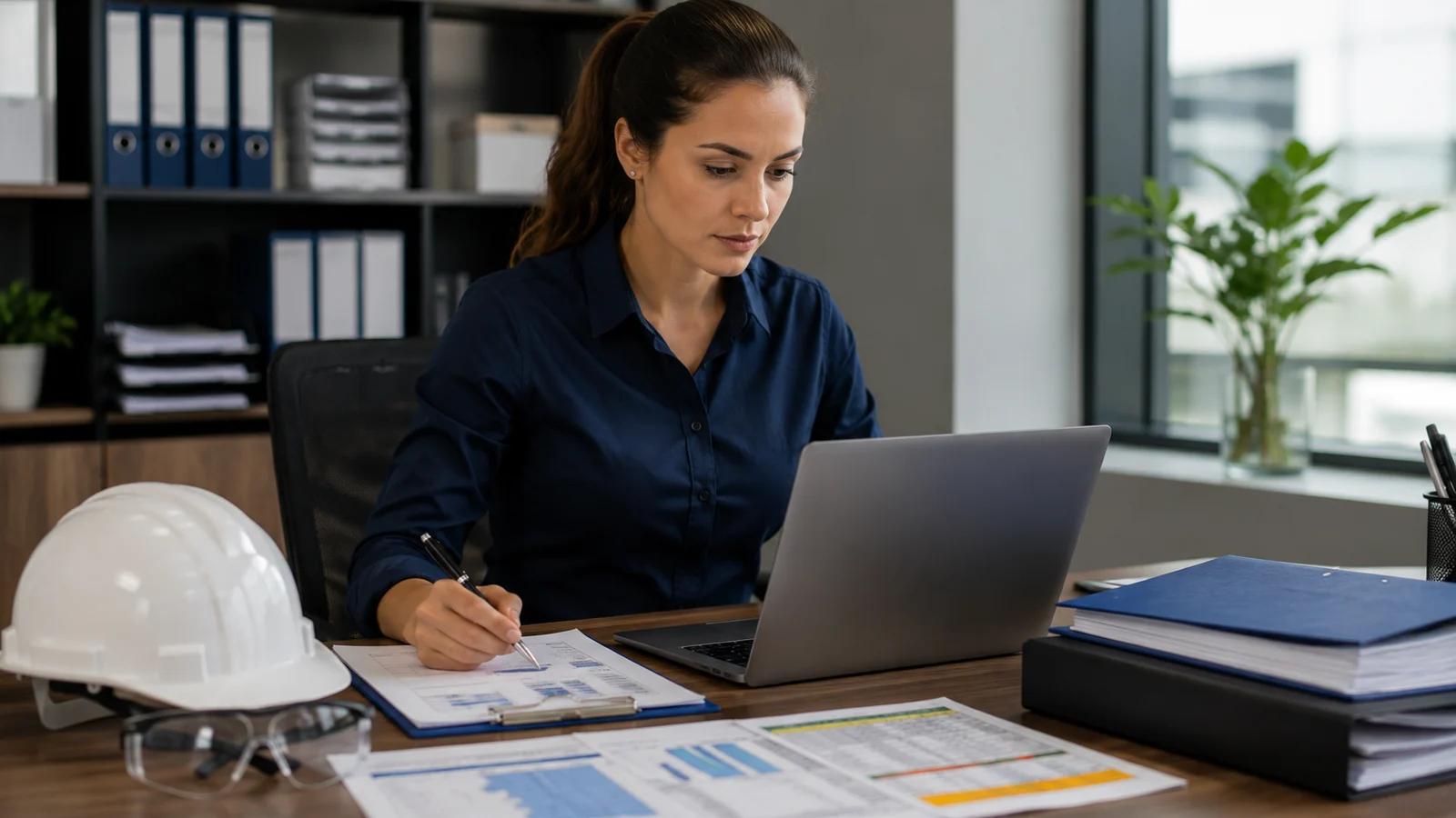 Profissional organizando documentos e controles de SST