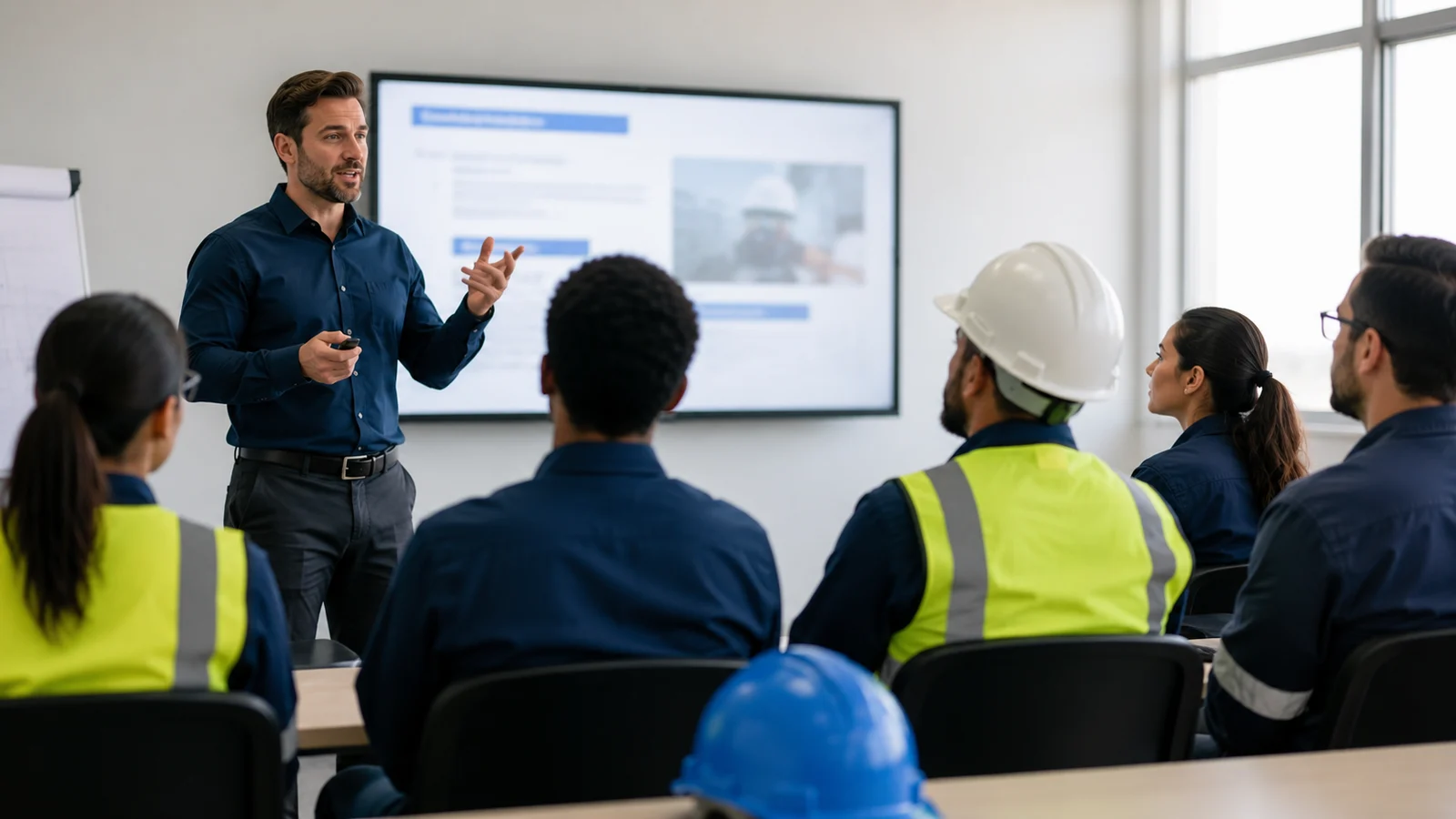 Instrutor conduzindo treinamento técnico de segurança do trabalho